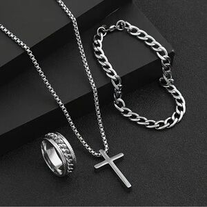 Silver Cross Necklace, Ring, and Bracelet Set